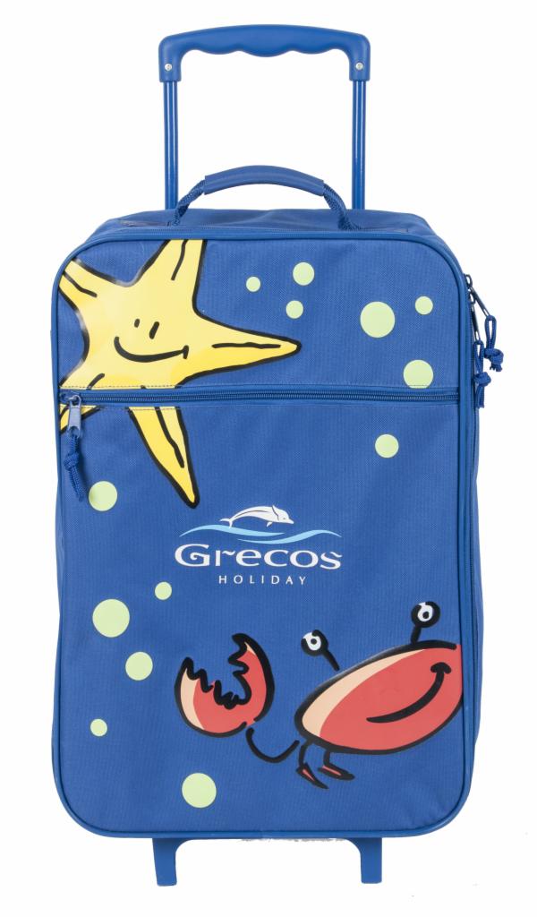 Niebieska walizka dziecięca na kółkach z nadrukiem uśmiechniętej rozgwiazdy, kraba i logotypu Grecos Holiday.