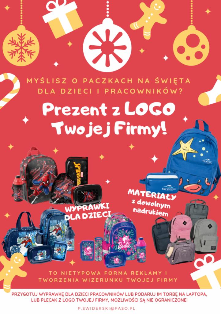 Świąteczna oferta prezentów firmowych w Tarnowie Podgórnym: plecaki, torby i piórniki z nadrukiem logo, idealne jako upominki dla dzieci i pracowników.