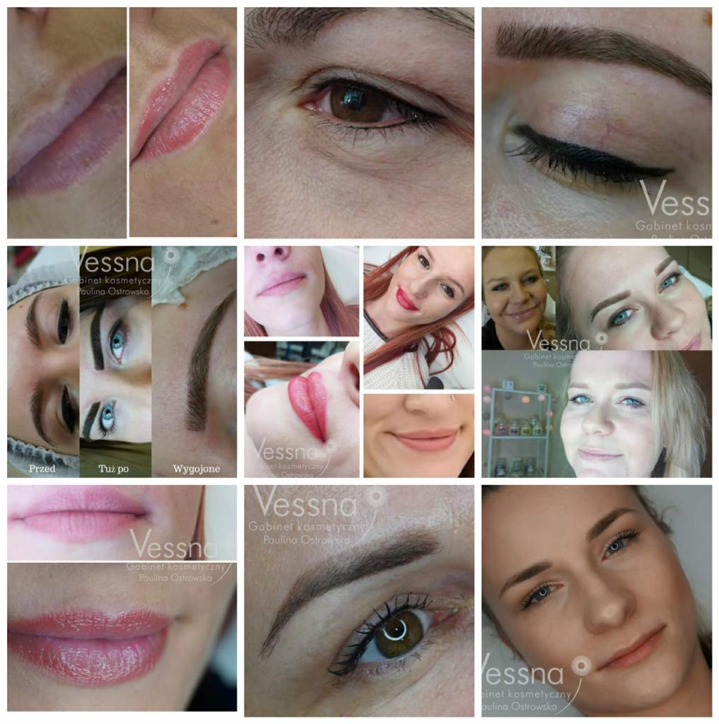 Kolaż zdjęć prezentujący efekty makijażu permanentnego brwi, ust i kreski na powiece, z uwzględnieniem zdjęć 'przed', 'po' i 'wygojone', oraz logo gabinetu kosmetycznego wkomponowanego w niektóre...