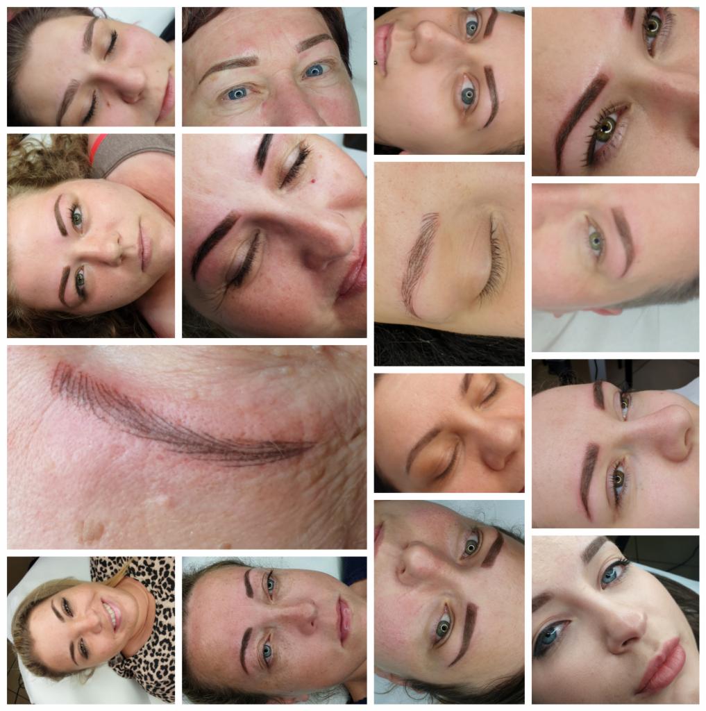 Kolaż zdjęć przedstawiających różne ujęcia i etapy stylizacji brwi, od makijażu permanentnego po microblading, z różnymi kształtami i odcieniami brwi na twarzach różnych kobiet.