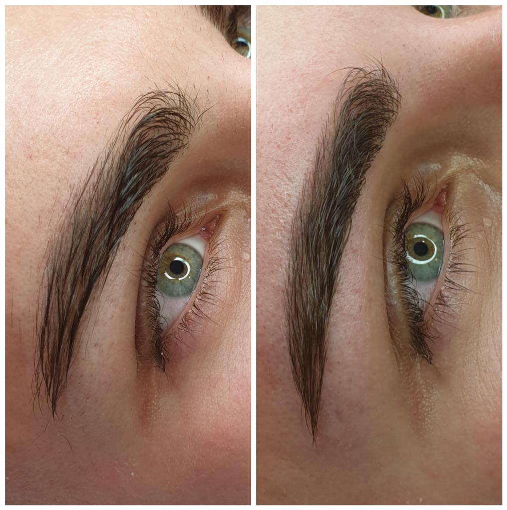 Zbliżenie na wyregulowane i przyciemnione brwi z widocznymi drobnymi włoskami po zabiegu, ukazujące różnicę przed i po, z zielonym okiem w centrum kadru.