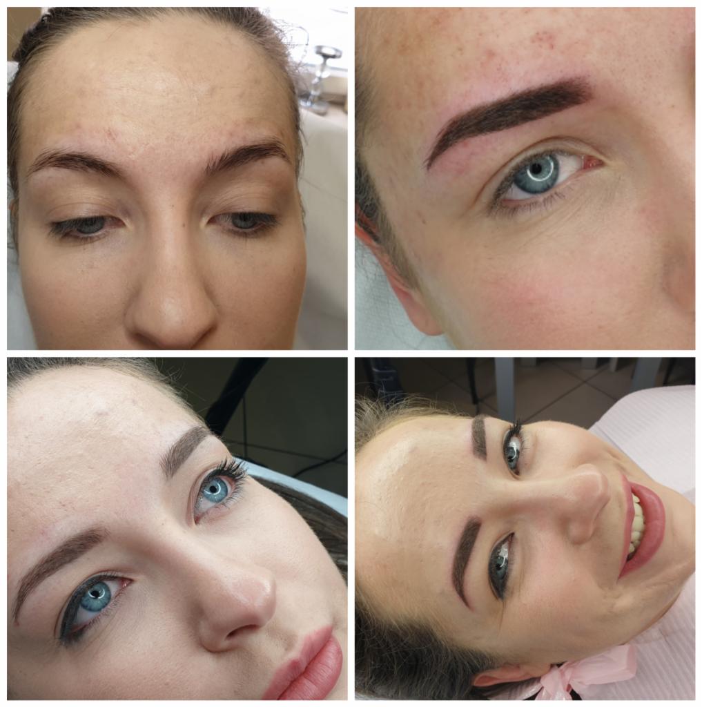 Cztery ujęcia twarzy kobiety przed i po zabiegu pigmentacji brwi, ukazujące naturalny efekt z bliska.