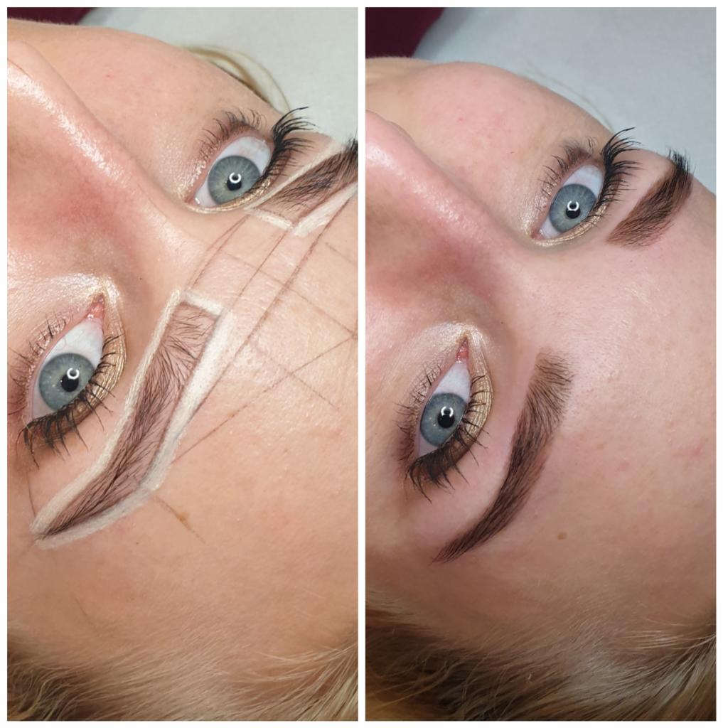 Kobieta przed i po zabiegu stylizacji brwi metodą microblading, widoczne precyzyjne linie pomiarowe na jednej brwi i gotowy efekt na drugiej.