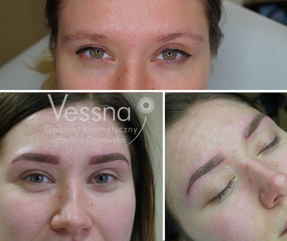 Kolaż przedstawia metamorfozę brwi: u góry brwi przed zabiegiem z delikatną kreską na powiece, na dole dwa ujęcia po zabiegu pigmentacji brwi, widoczny logotyp gabinetu kosmetycznego.