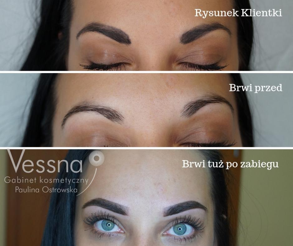 Zdjęcie typu przed i po z trzema ujęciami brwi klientki: rysunek wstępny, brwi przed zabiegiem i brwi po zabiegu, z widocznym logo gabinetu kosmetycznego Vessna.