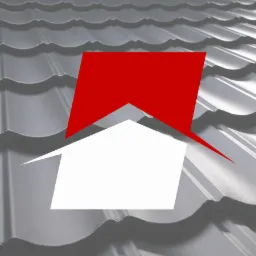 Szare pokrycie dachowe z blachy trapezowej z nałożonym graficznym symbolem domu z czerwonym dachem i białymi ścianami.