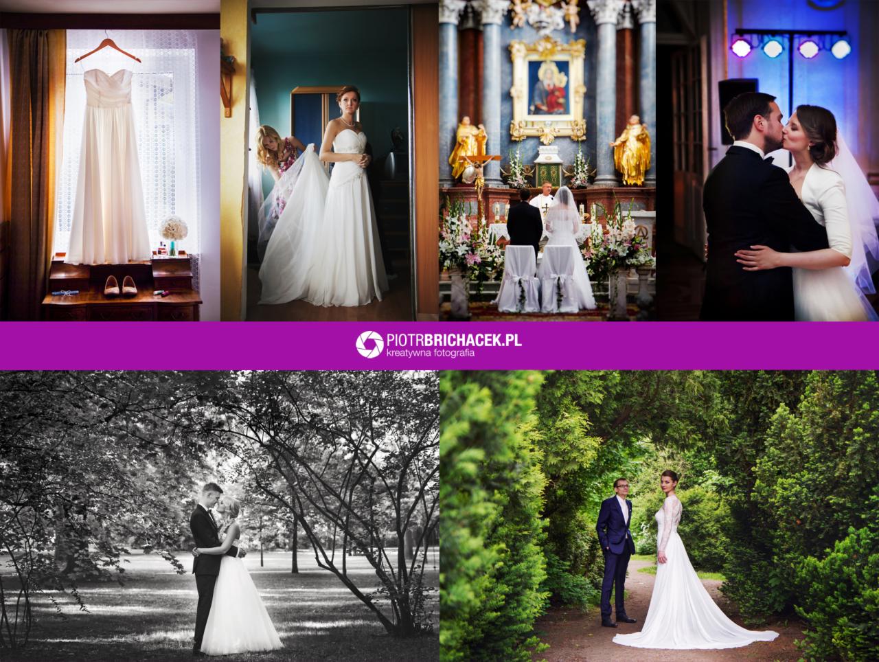 Kolaż zdjęć ślubnych przedstawiający przygotowania panny młodej, ceremonię w kościele, pocałunek nowożeńców oraz sesje plenerowe w parku i ogrodzie.