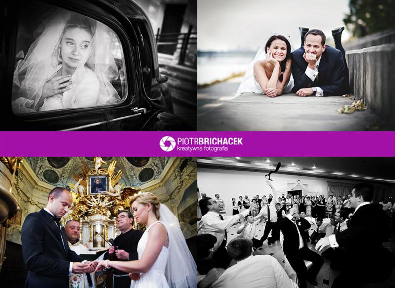 Kolaż z czarno-białych i kolorowych zdjęć ślubnych: panna młoda w samochodzie retro, para leżąca na betonowym murku, ceremonia ślubna w kościele z bogatym zdobieniem, zabawa weselna z tańcami.