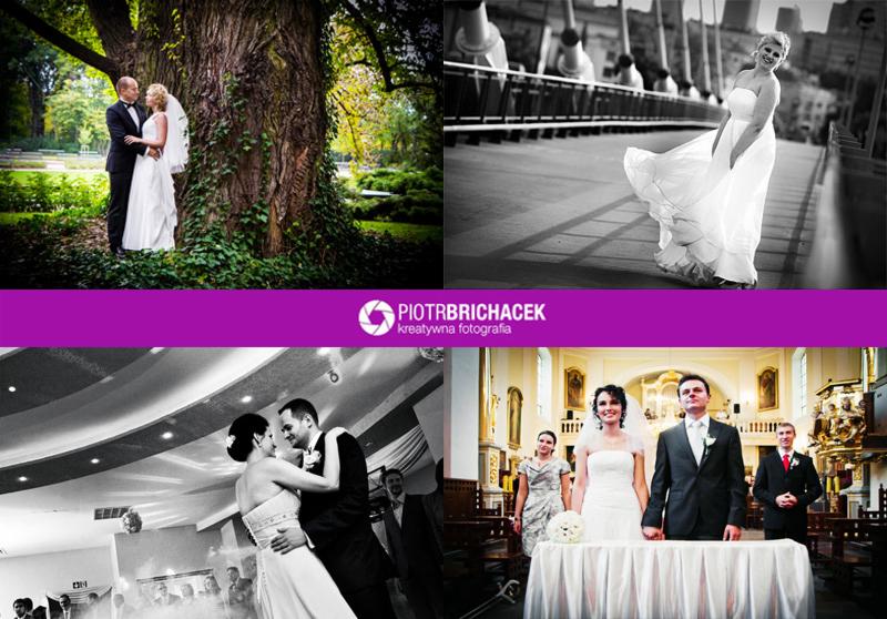 Kolaż z czterech zdjęć ślubnych: para przytulona pod drzewem, panna młoda na moście w czerni i bieli, para tańcząca na sali, para przed ołtarzem w kościele.