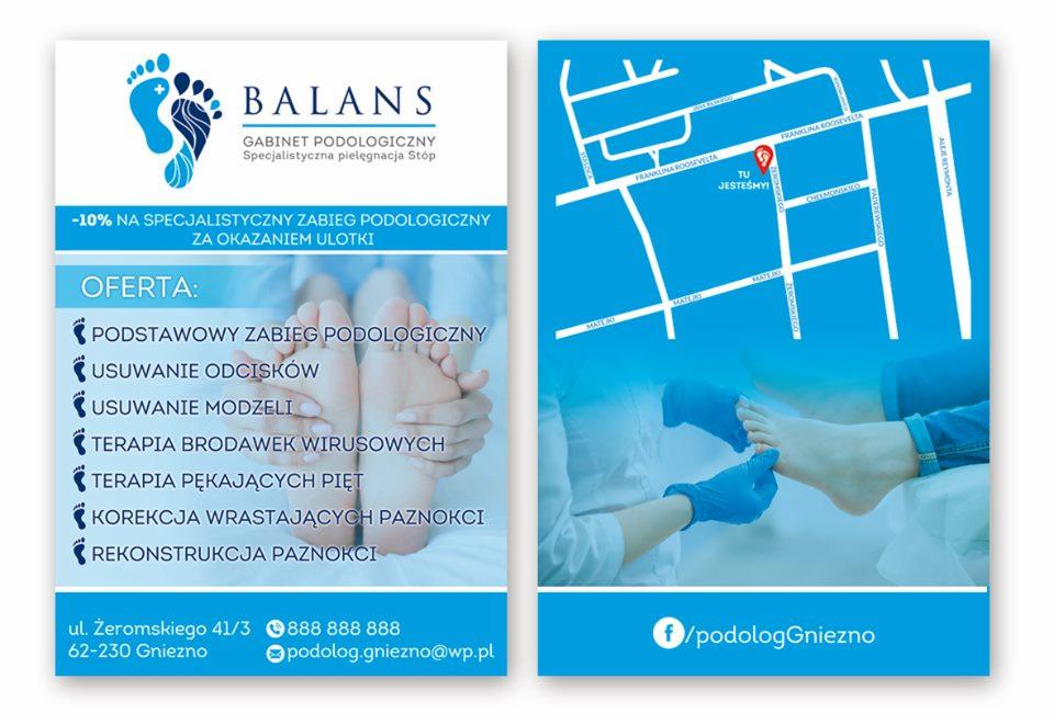 Ulotka gabinetu podologicznego Balans w Gnieźnie, oferująca zabiegi specjalistyczne, w tym usuwanie odcisków i modzeli, terapię brodawek wirusowych, pękających pięt, korekcję wrastających paznokci...