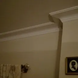 Wnętrze pokoju z kremowymi ścianami, ozdobnym białym sztukaterią sufitową, zasłoną z motywem roślinnym i dwoma portretami w czarnych ramkach.