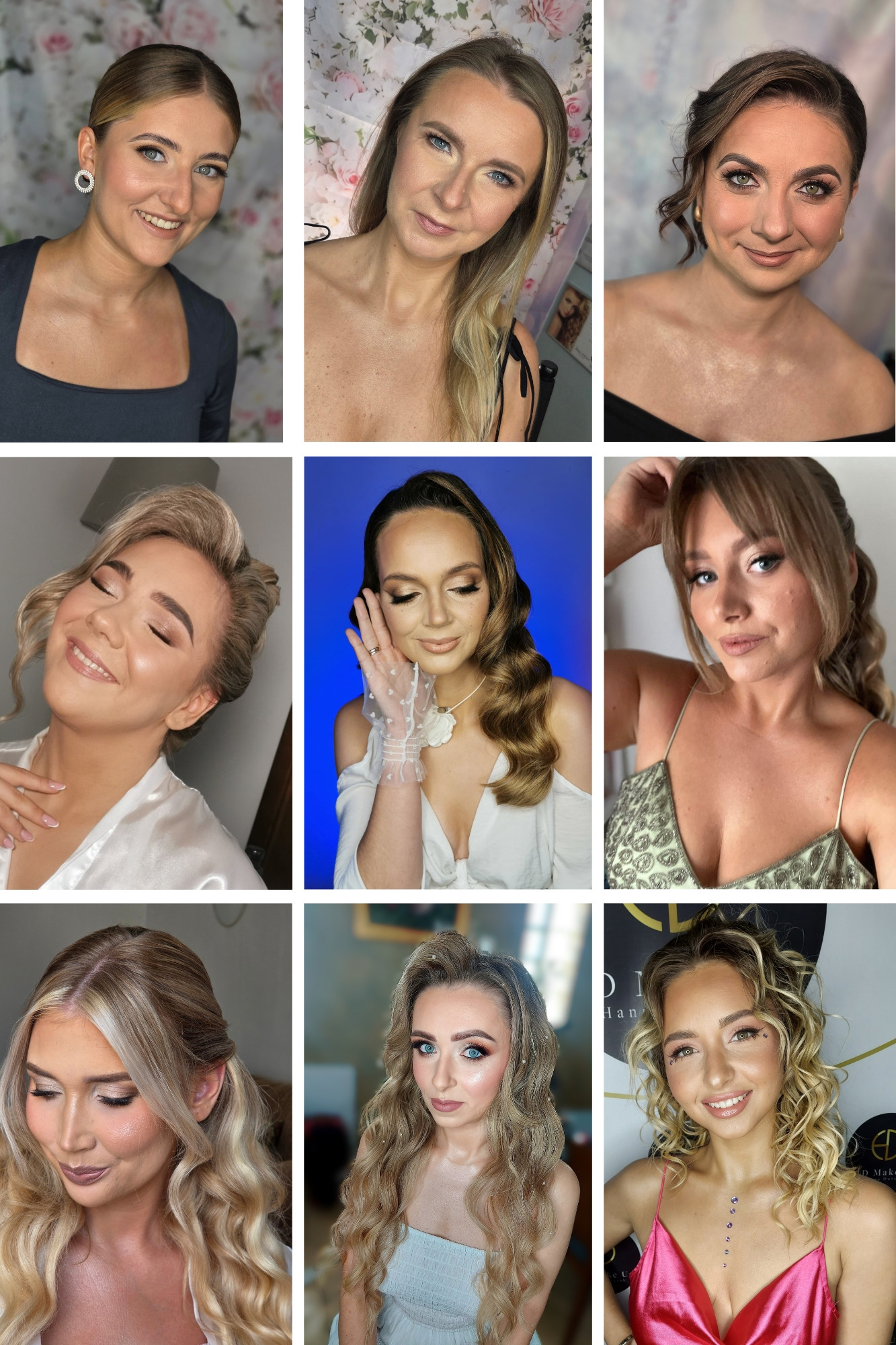 Kolaż dziewięciu portretów kobiet z różnymi stylizacjami włosów i makijażu, prezentujących różnorodność usług upiększających. Różne tła i oświetlenie.