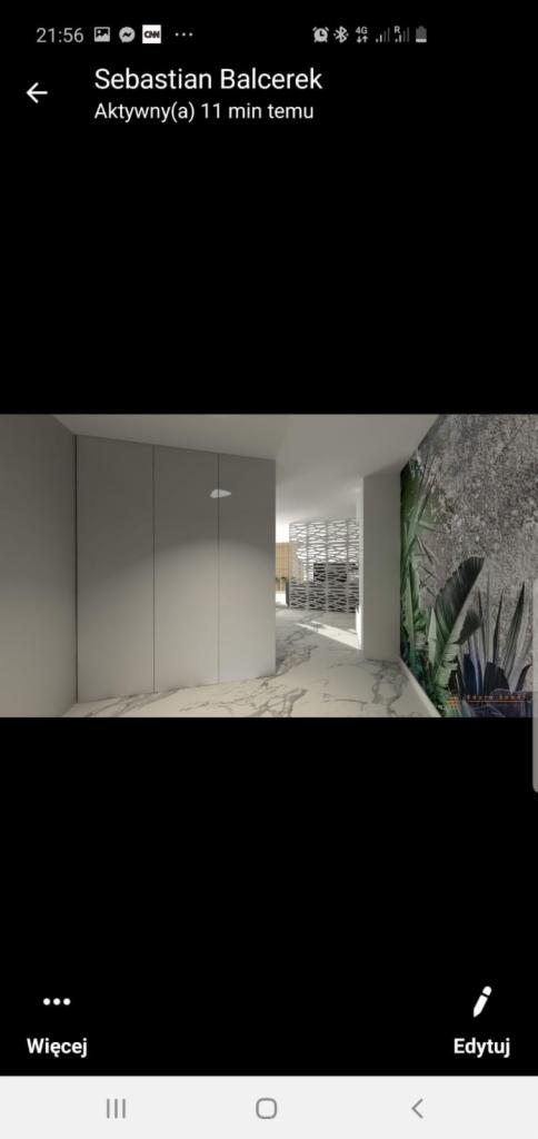 Wizualizacja wnętrza: korytarz z marmurową podłogą, zabudowa szaf w kolorze szarym, ściana z tapetą w motywy roślinne oraz ażurowa ścianka działowa w tle.