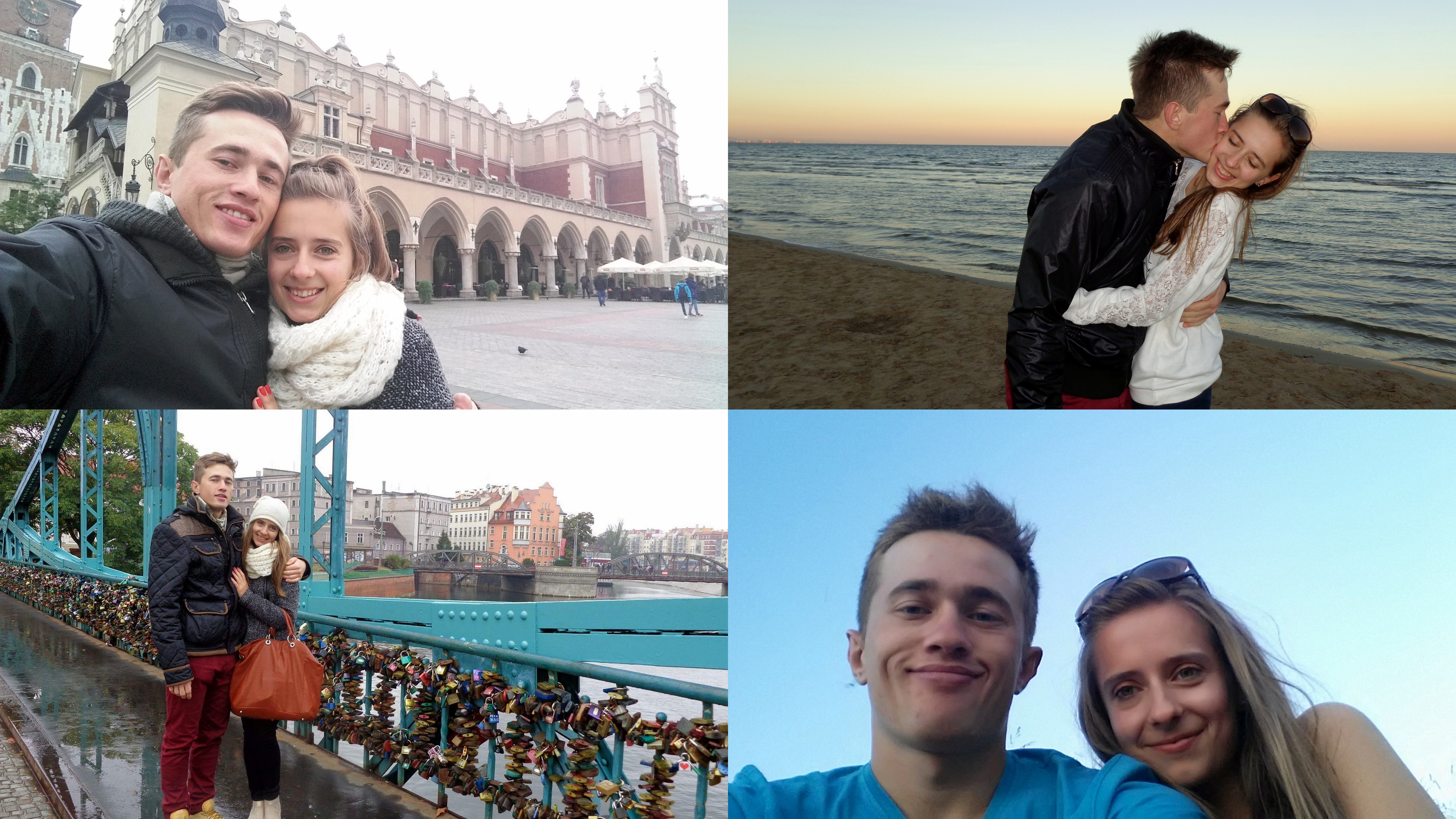 Kompozycja czterech zdjęć: para w Krakowie na tle Sukiennic, zakochani na plaży o zachodzie, kłódki na moście we Wrocławiu, selfie pary na tle błękitnego nieba.