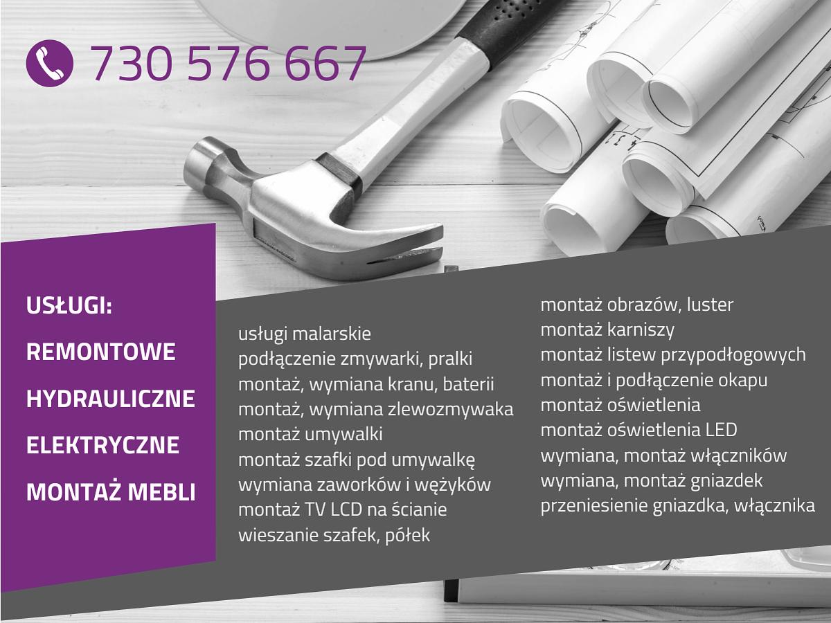 Młotek ciesielski na tle zwiniętych planów remontowych i listy usług remontowych, hydraulicznych, elektrycznych oraz montażu mebli.