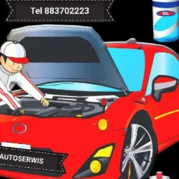 Kreskówkowa ilustracja przedstawiająca czerwony samochód sportowy z otwartą maską, mechanika w białym kombinezonie pracującego przy silniku, otoczonego filtrem oleju, olejem silnikowym, płynami...