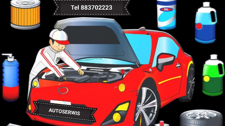 Kreskówkowa ilustracja przedstawiająca czerwony samochód sportowy z otwartą maską, mechanika w białym kombinezonie pracującego przy silniku, otoczonego filtrem oleju, olejem silnikowym, płynami...