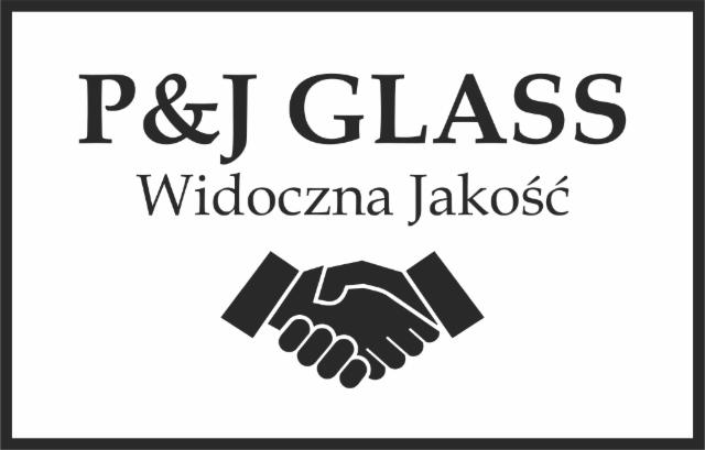 Grafika z nazwą firmy 'P&J GLASS' i hasłem 'Widoczna Jakość' nad symbolem uścisku dłoni, wszystko w czarno-białej kolorystyce z obramowaniem.