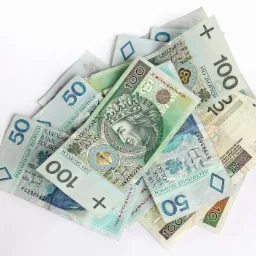 Stos polskich banknotów o nominałach 10, 50 i 100 złotych, ułożonych na białym tle, z widocznymi numerami seryjnymi i wizerunkami władców.