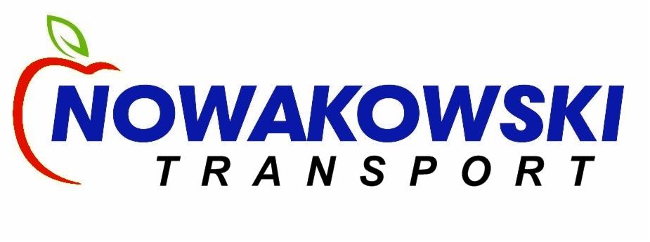 Logo firmy transportowej Nowakowski, z stylizowanym czerwonym jabłkiem z zielonym listkiem i napisem Nowakowski Transport w kolorze granatowym i czarnym na białym tle.