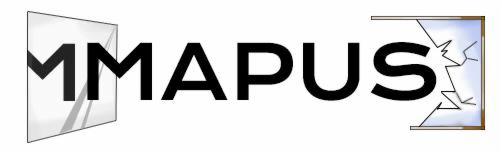 Logo firmy MMAPUS z elementami szkła: cała tafla i tafla z pęknięciami.