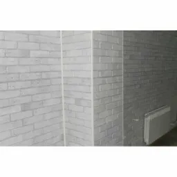 Ściana wyłożona dekoracyjną, białą cegłą, z widocznym grzejnikiem w prawym dolnym rogu, oświetlona z góry.