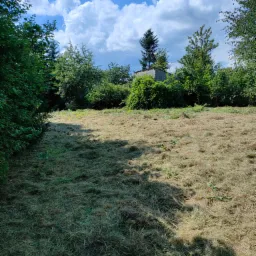 Świeżo skoszone pole trawy z widocznymi resztkami pokosu, otoczone zielenią drzew i krzewów, z budynkiem w tle pod błękitnym niebem z białymi obłokami.