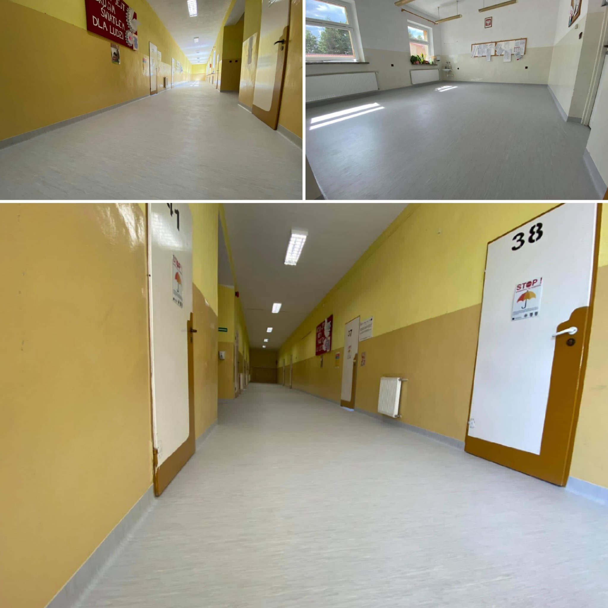 Jasnoszara podłoga w korytarzu szkolnym z żółtymi ścianami i białymi drzwiami, widok na długi korytarz z numerami sal na drzwiach.