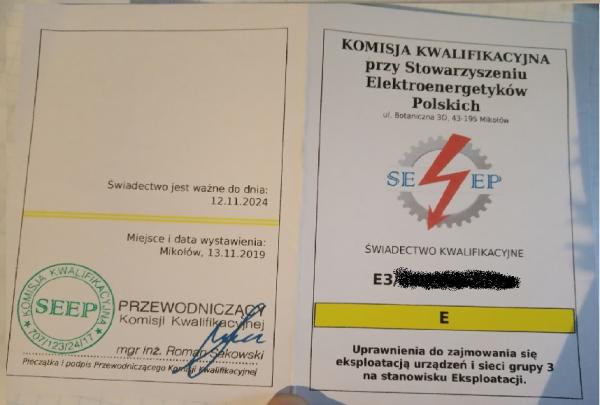 Skan dwóch części świadectwa kwalifikacyjnego SEEP, z pieczątką, podpisem i datą ważności do 12.11.2024, uprawniającego do eksploatacji urządzeń i sieci grupy 3 na stanowisku eksploatacji.