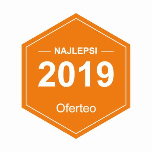 Pomarańczowa odznaka Oferteo 'Najlepsi 2019' z białym obrysem na białym tle.