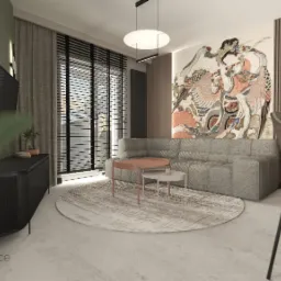 Wizualizacja salonu w neutralnych barwach z szarą sofą, okrągłym dywanem i dużym oknem z żaluzjami. Na ścianie widoczna grafika w stylu japońskim.