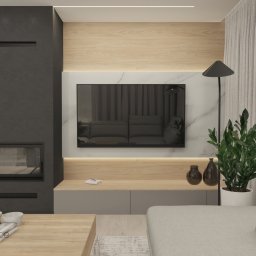 Studio Dobre Miejsce Sylwia Malewicz - Elegancki salon z kominkiem i telewizorem w Rzeszowie. Nowoczesny design, drewniane i szare elementy, subtelne oświetlenie. Roślina doniczkowa dodaje naturalnego akcentu.