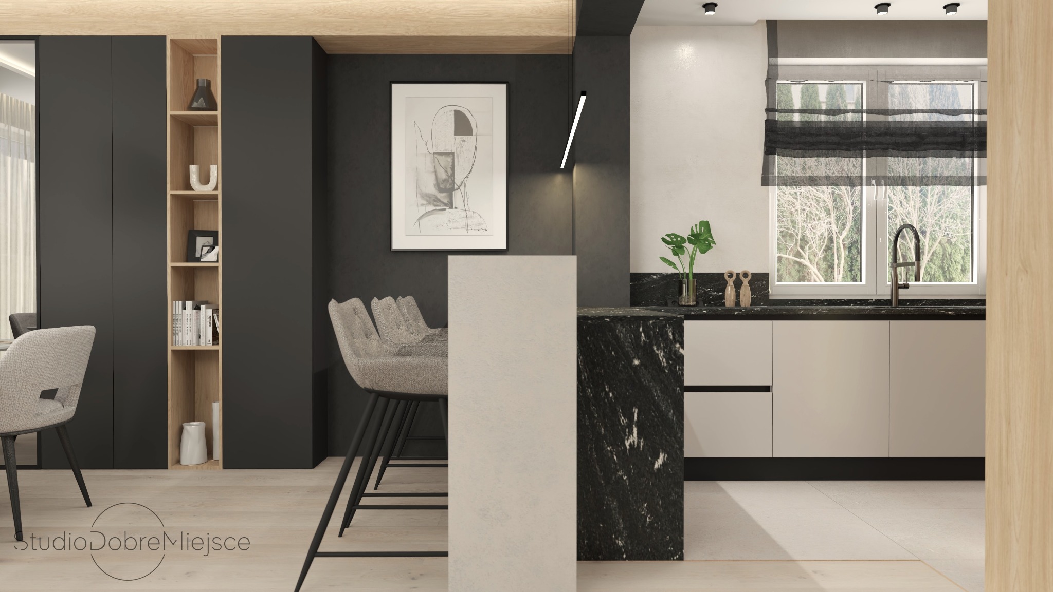 Nowoczesna kuchnia w odcieniach szarości i bieli z marmurowym blatem, oświetleniem punktowym i minimalistyczną grafiką na ścianie. Krzesła barowe z tapicerką.