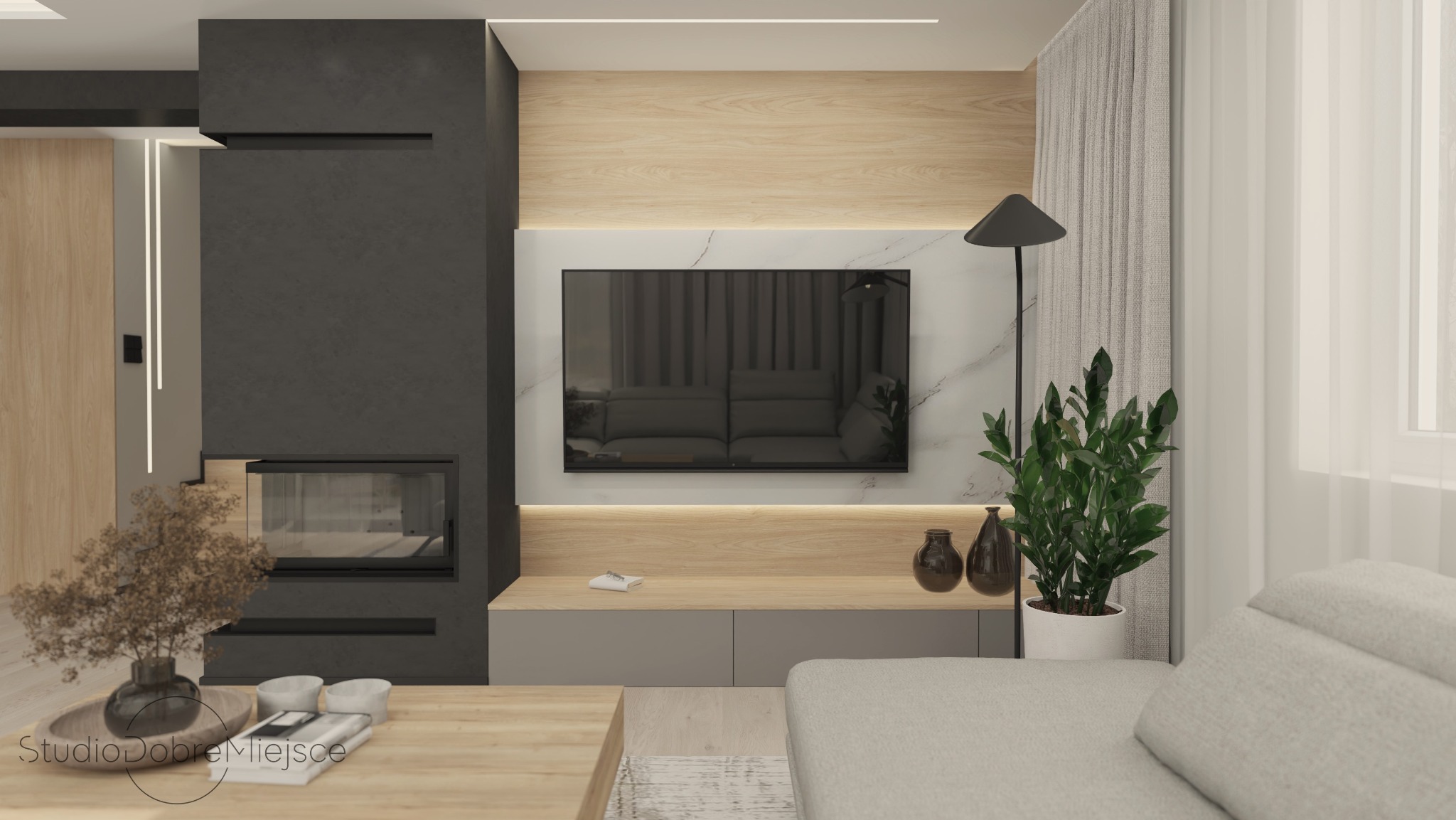 Elegancki salon z kominkiem i telewizorem w Rzeszowie. Nowoczesny design, drewniane i szare elementy, subtelne oświetlenie. Roślina doniczkowa dodaje naturalnego akcentu.