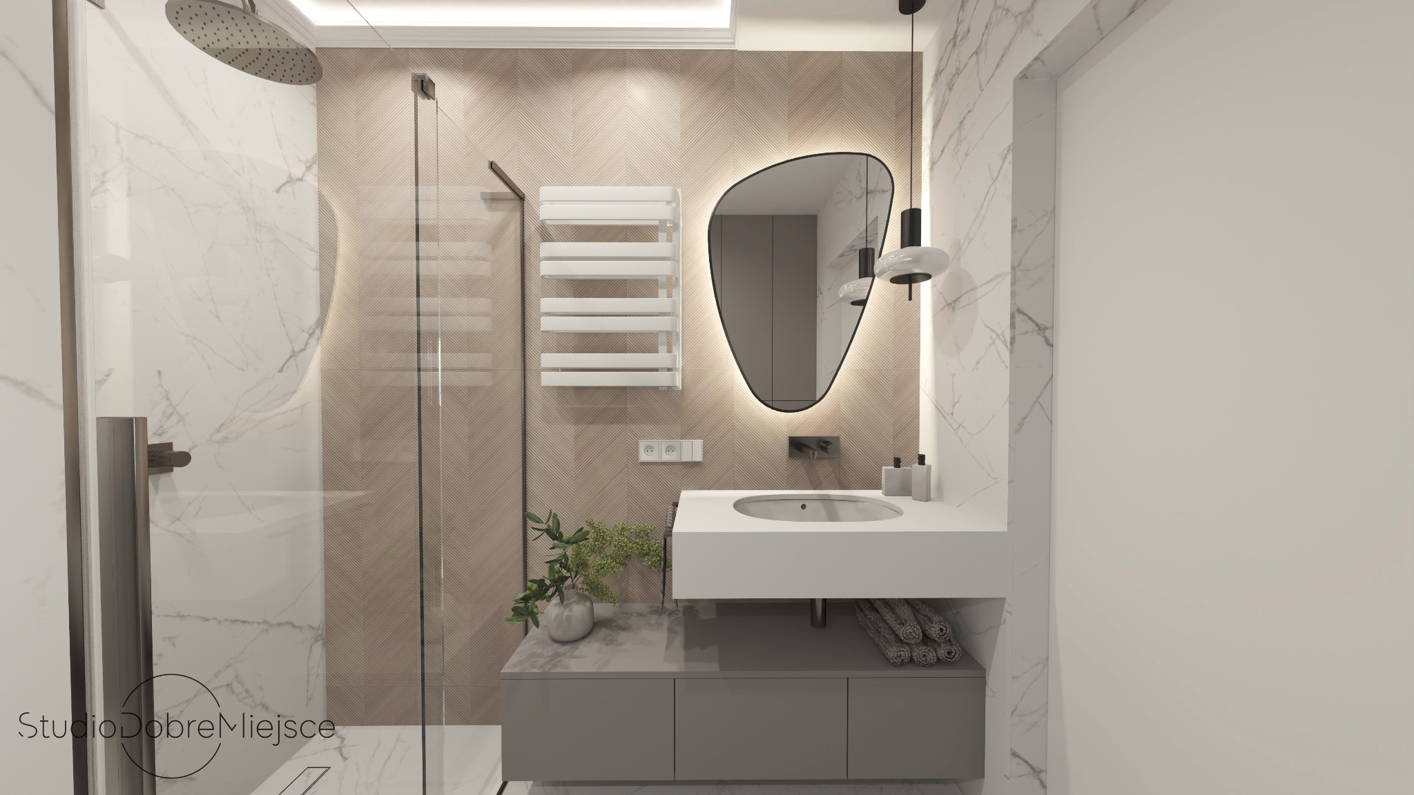 Nowoczesna łazienka z kabiną prysznicową, umywalką na szafce, podświetlanym lustrem o nieregularnym kształcie i grzejnikiem drabinkowym na ścianie w odcieniach beżu i bieli.