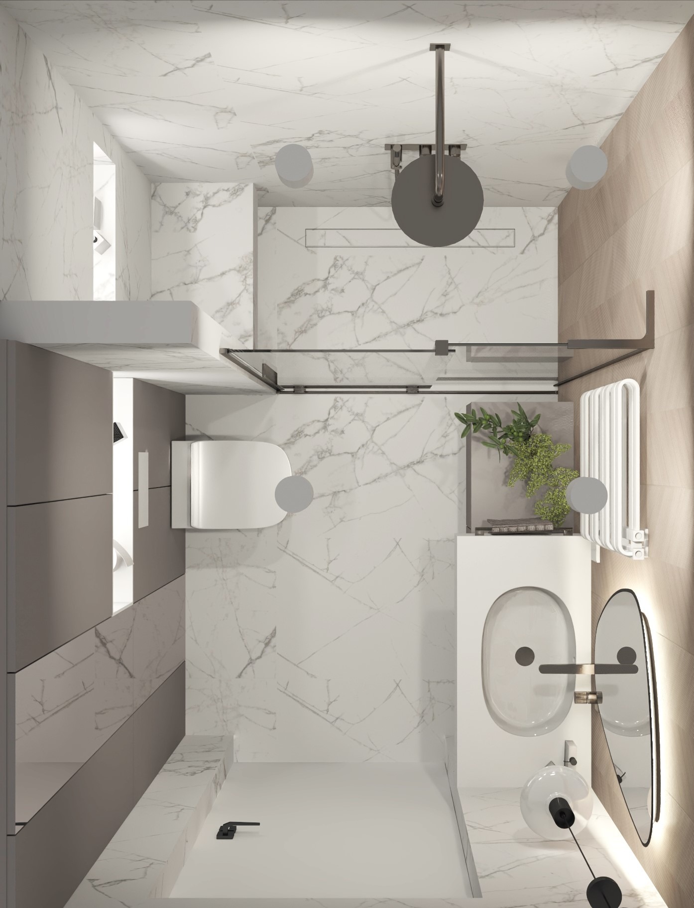 Wizualizacja łazienki z marmurowymi ścianami, kabiną prysznicową typu walk-in i nowoczesną umywalką z podświetlanym lustrem. Widok z góry.