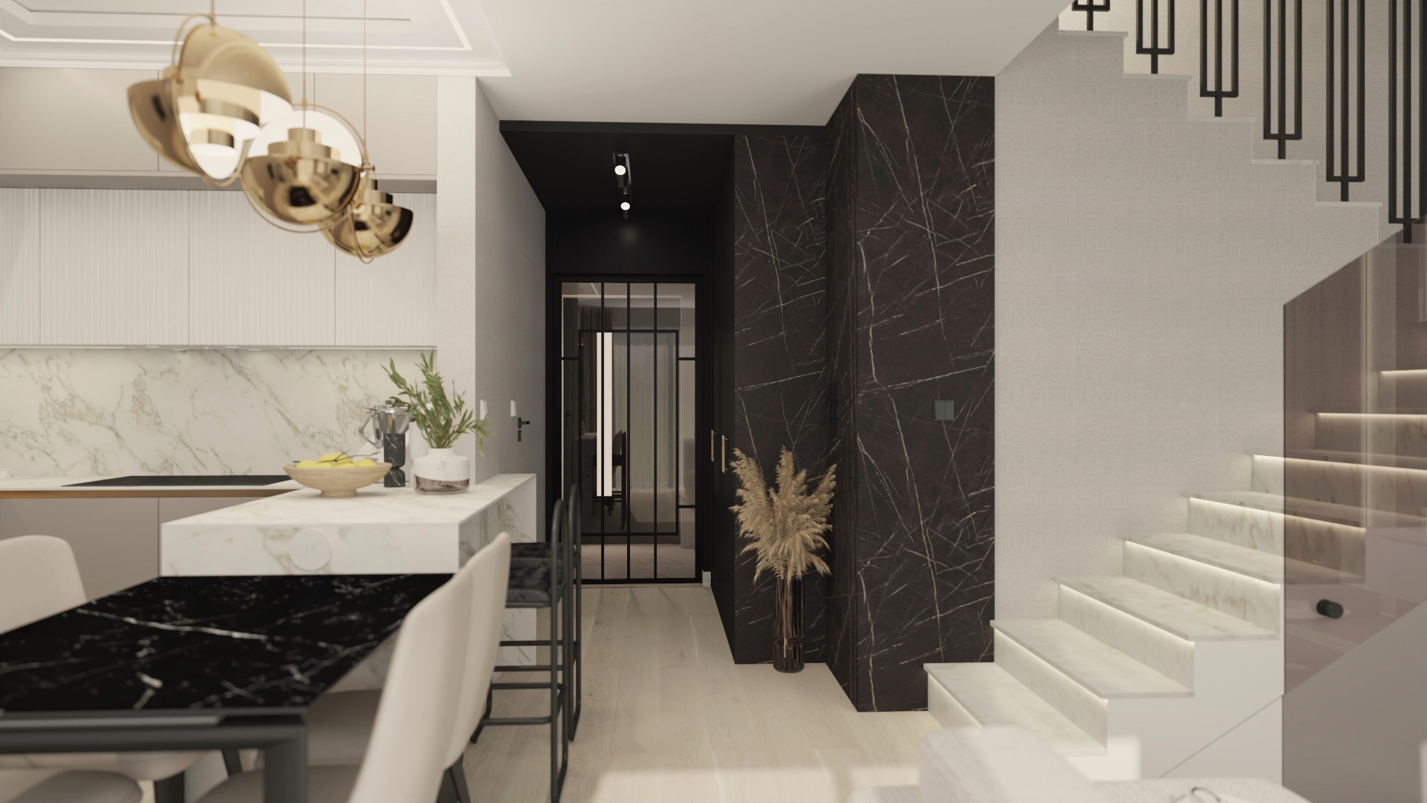 Eleganckie wnętrze: marmurowa kuchnia z wyspą, czarny stół, schody z podświetleniem LED i dekoracyjna ściana z czarnego marmuru. Złote lampy wiszące.