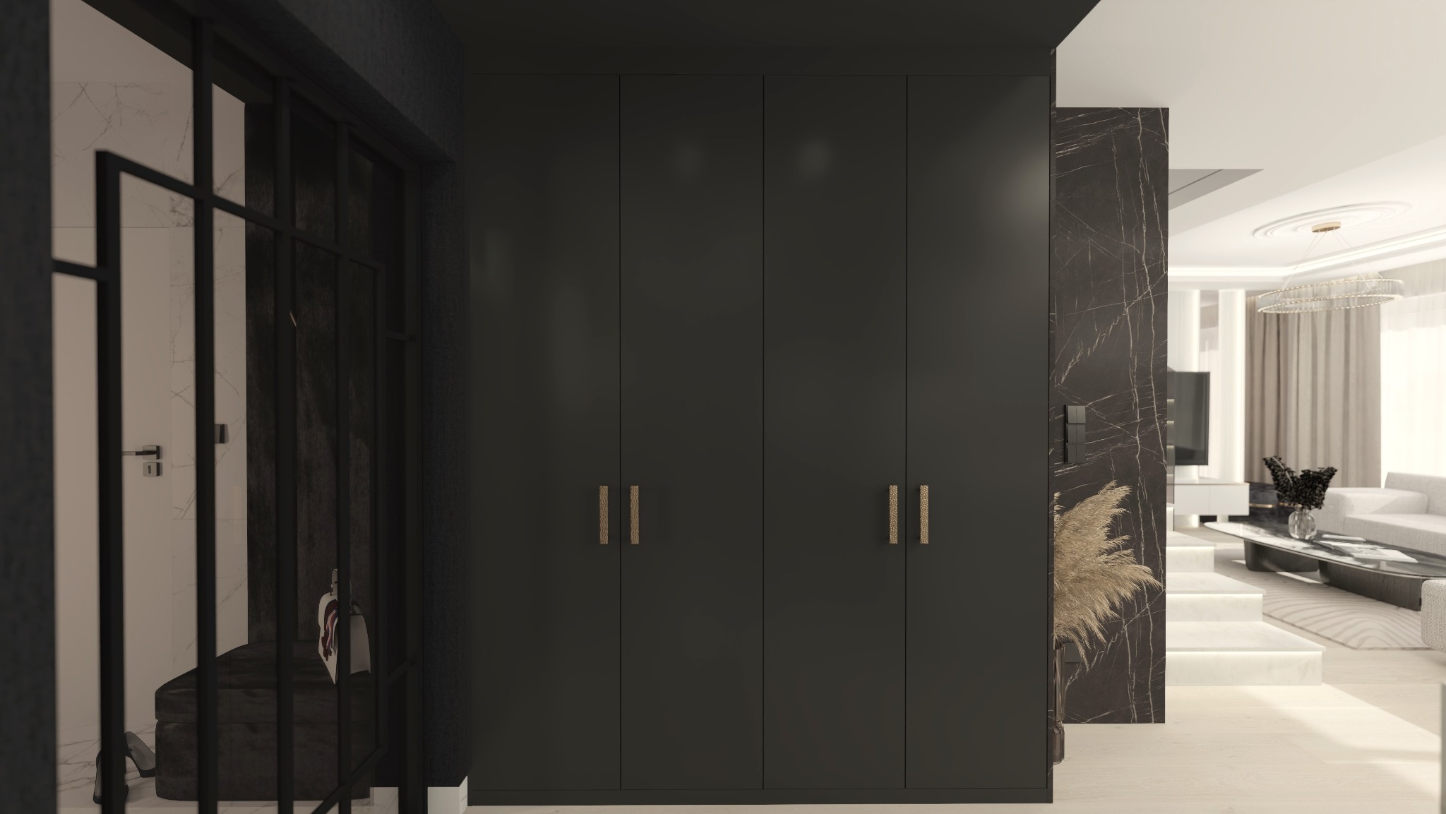Nowoczesna garderoba w ciemnej tonacji z złotymi uchwytami, marmurowa ściana, ażurowa ścianka działowa i widok na jasny salon w tle. Eleganckie wykończenie wnętrza.
