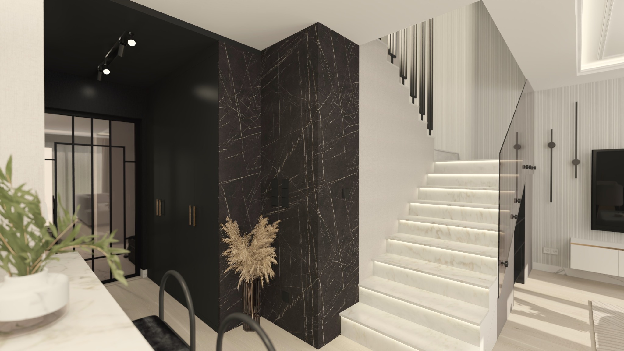 Eleganckie wnętrze: marmurowe schody z podświetleniem, ściana z czarnego marmuru, czarna zabudowa i szklane drzwi w tle. Minimalistyczny styl, designerskie oświetlenie.