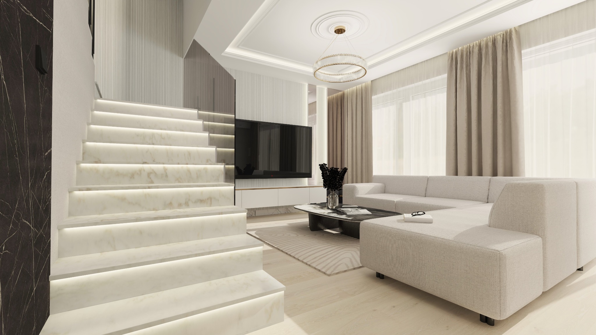 Elegancki salon z marmurowymi schodami podświetlonymi LED, nowoczesna sofa narożna, okrągły żyrandol i telewizor na tle. Minimalistyczny design z elementami luksusu.
