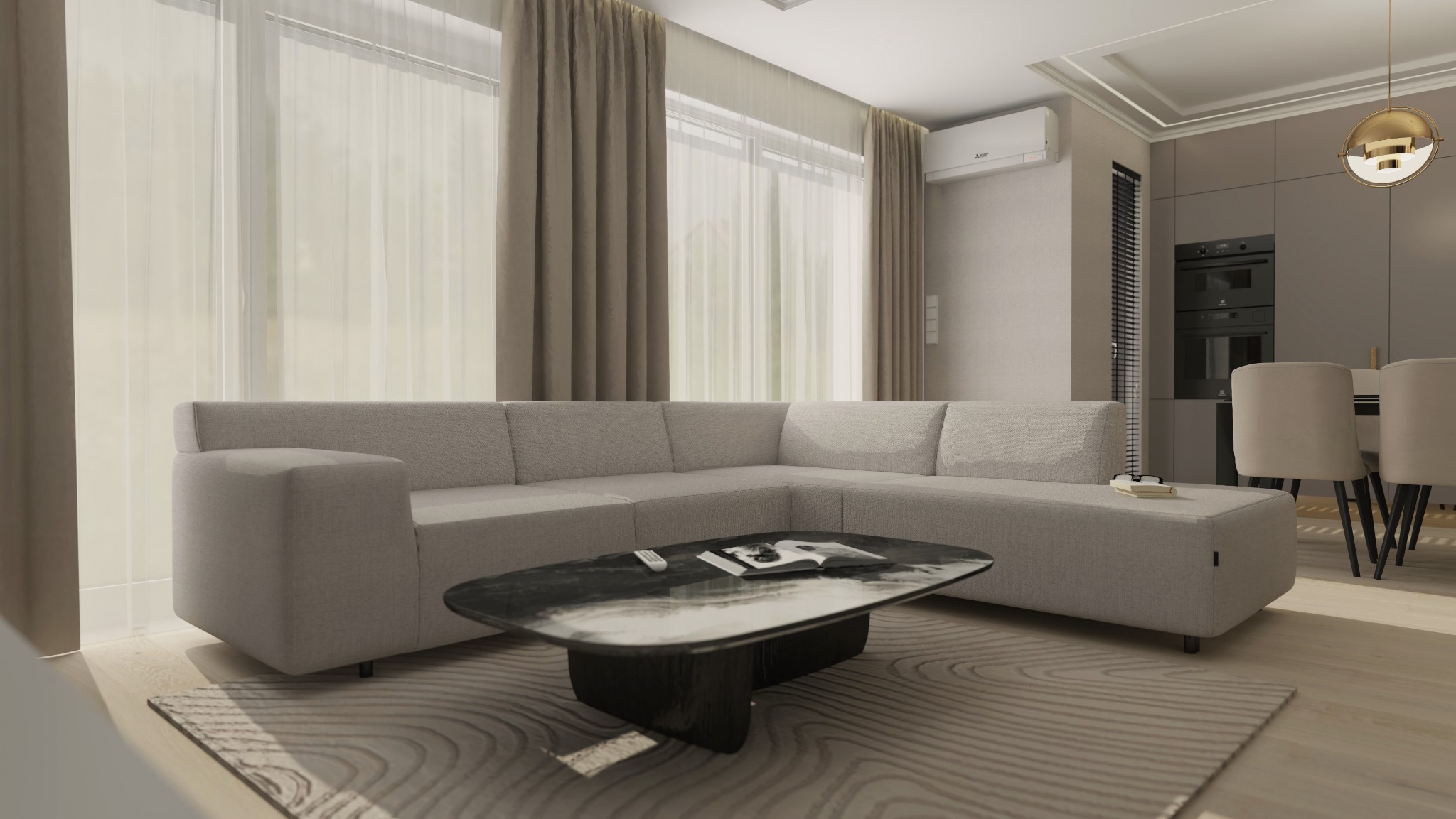 Jasny salon z narożną kanapą, czarnym stolikiem kawowym i subtelnymi zasłonami. Minimalistyczny design z elementami złota w oświetleniu nad jadalnią.