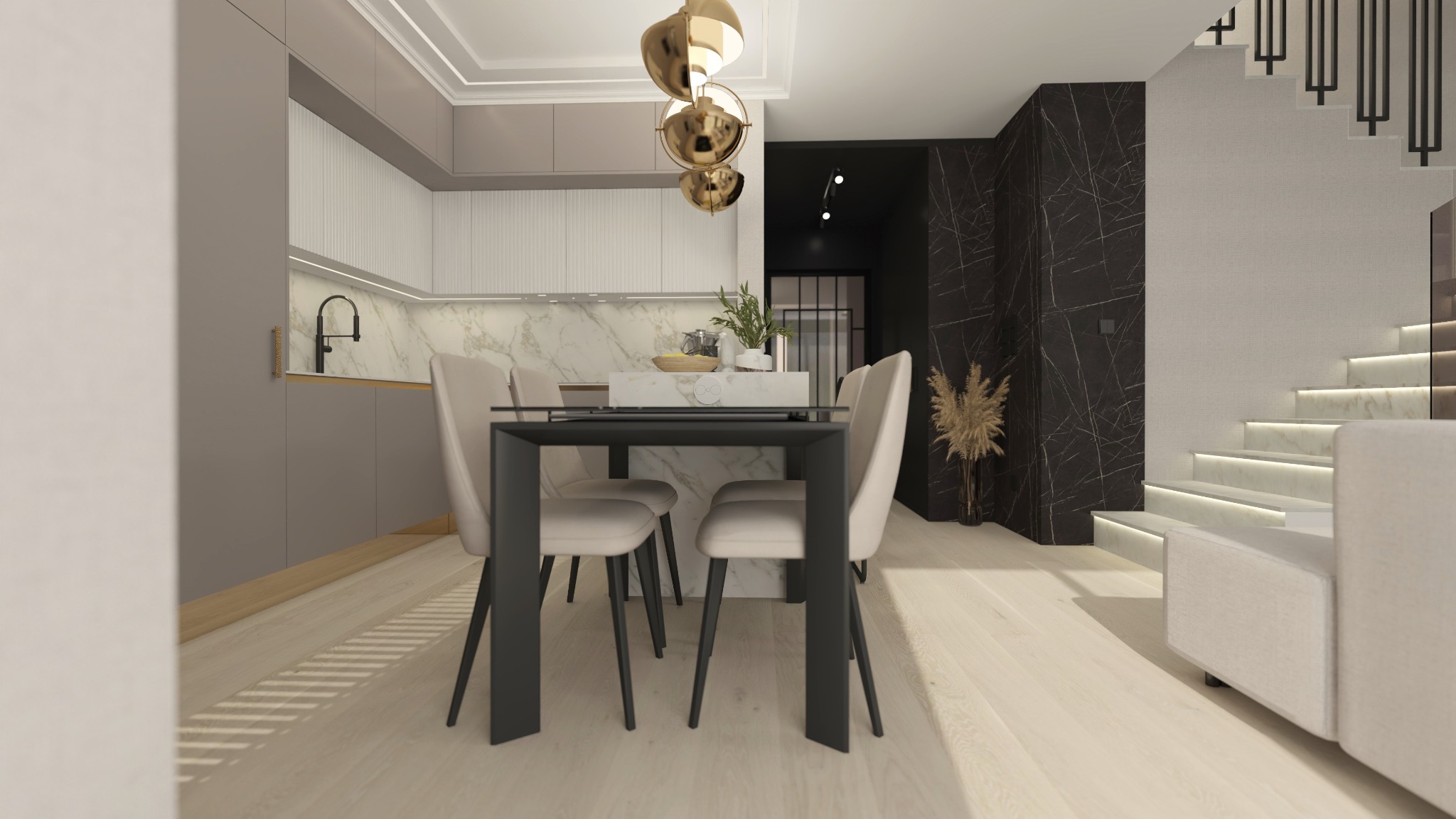 Elegancka aranżacja wnętrza: nowoczesna kuchnia z marmurowym blatem, stół z krzesłami i schody z podświetleniem LED. Złote lampy wiszące dodają luksusu.