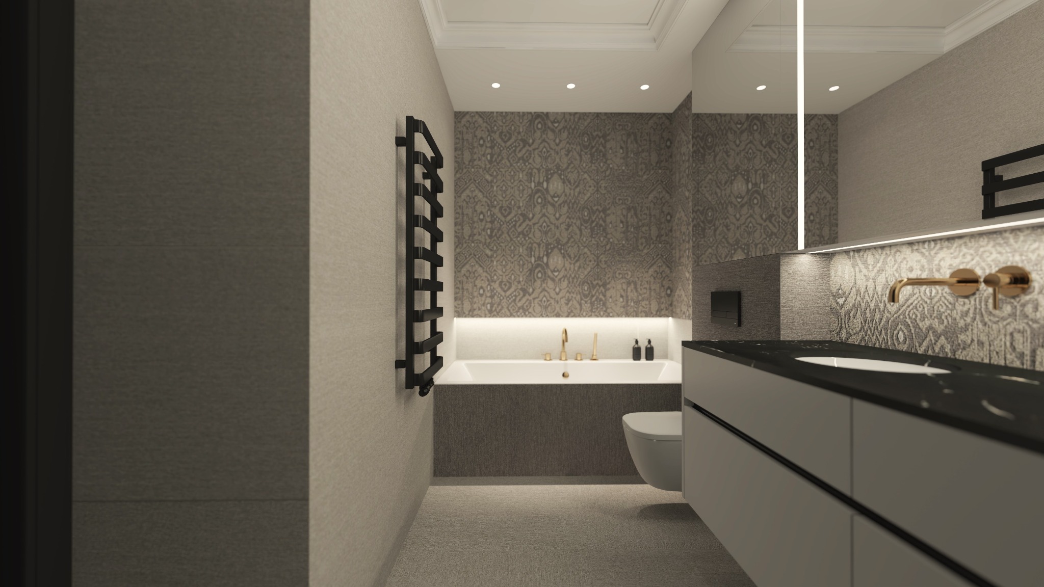Elegancka łazienka w szarościach z akcentami złota: bateria umywalkowa, oświetlenie LED. Grzejnik drabinkowy w czerni, wzorzysta tapeta i minimalistyczna armatura.
