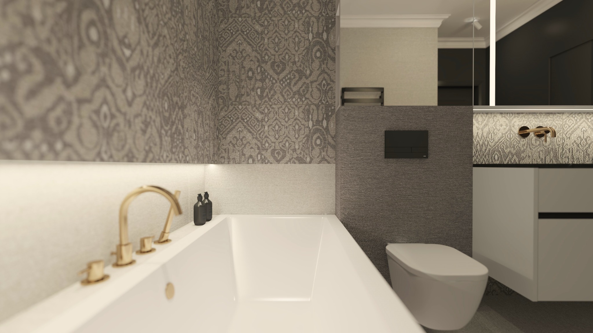 Elegancka łazienka w odcieniach szarości z wanną, złotą armaturą i wzorzystymi płytkami. Minimalistyczny design z oświetleniem LED.