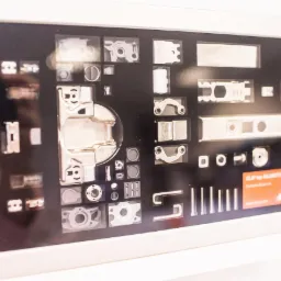 Ekspozycja okuć meblowych Blum Clip top BLUMOTION 110° w ramce, prezentująca różne elementy i warianty montażu.