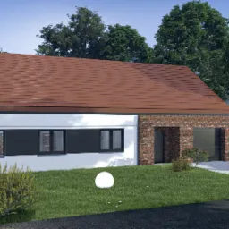 Wizualizacja domu jednorodzinnego z dwuspadowym dachem z czerwonej dachówki, białymi ścianami i elementami z cegły klinkierowej, oświetlona kulistą lampą ogrodową.