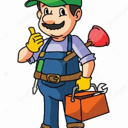 Karykaturalny hydraulik w zielonej czapce i niebieskim kombinezonie, z żółtymi rękawicami, trzymający skrzynkę z narzędziami i przepychacz, pokazujący kciuk w górę.