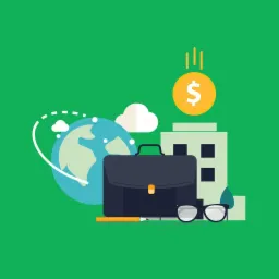 Ikona przedstawiająca czarną aktówkę, globus z chmurami, budynek biurowy, spadający znak dolara, okulary i ołówek na zielonym tle.