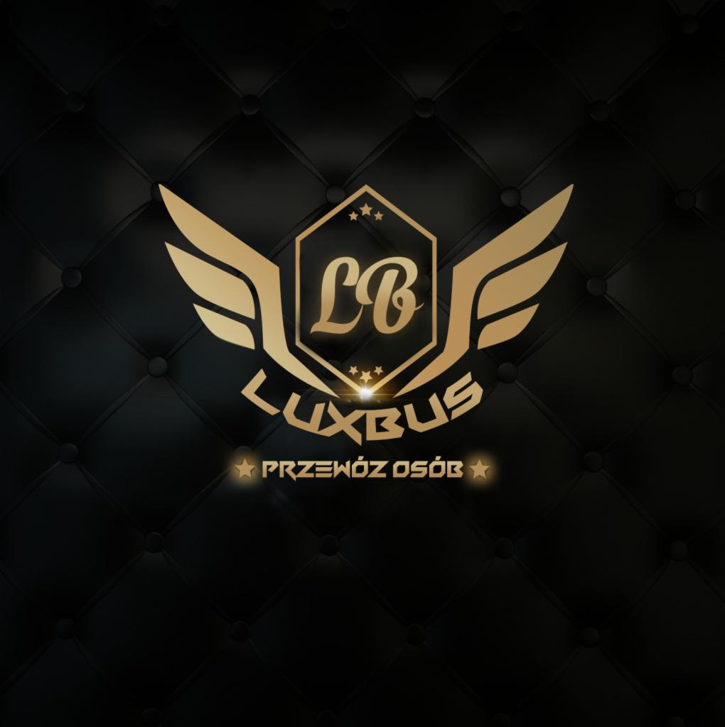 Złote logo LuxBus na czarnym, pikowanym tle, z napisem 'Przewóz Osób' między gwiazdami.