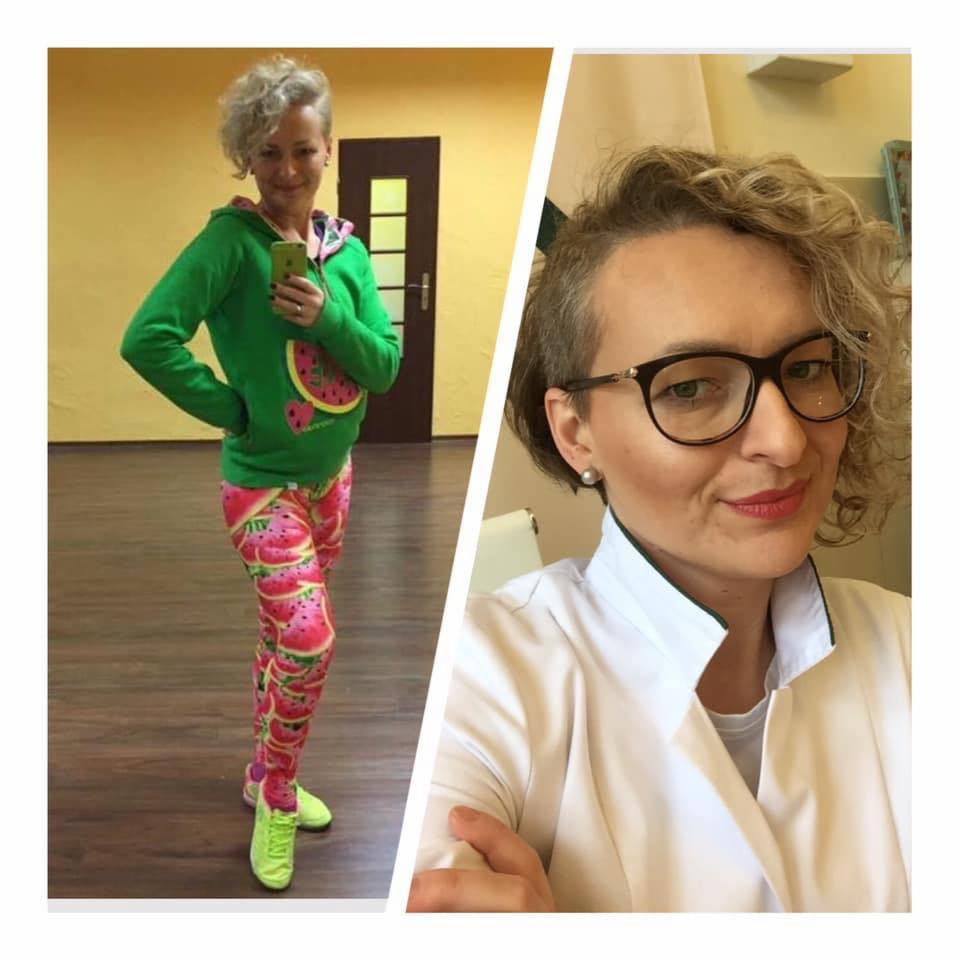 Kolaż: Kobieta w zielonej bluzie z arbuzem i legginsach w arbuzy, trzymająca telefon; Portret kobiety w okularach i białym fartuchu medycznym.